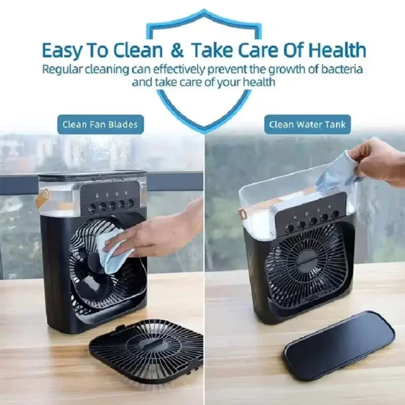 Portable Air Cooling Fan 3-in-1 with Spray & 7 Color LED Light – USB Mini Desk Air Cooler with 3 Speeds, Timer & 600ml Water Tank