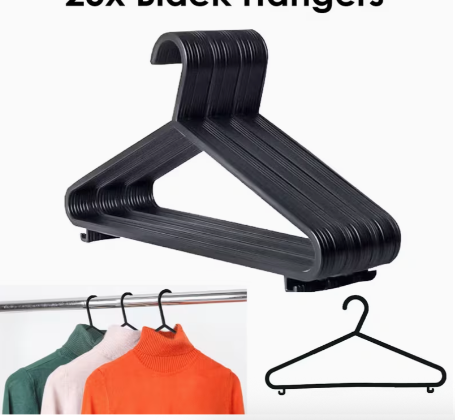10-Pack Black Plastic Coat Hangers with Trouser Bar – 37cm Anti-Slip Clothes Hangers for Wardrobe & Closet Organization