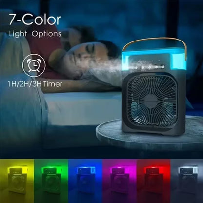 Portable Air Cooling Fan 3-in-1 with Spray & 7 Color LED Light – USB Mini Desk Air Cooler with 3 Speeds, Timer & 600ml Water Tank