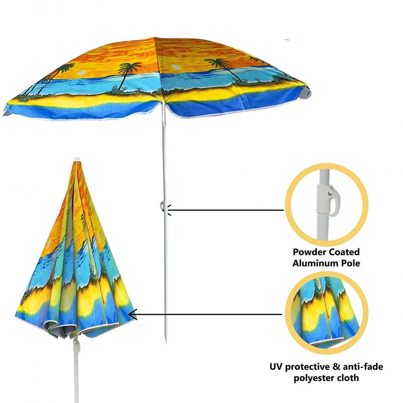1.8m Beach Parasol – Palm Tree Print Garden Sunshade Umbrella for Outdoor, Terrace, Patio & Beach Use