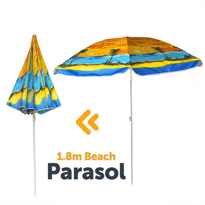 1.8m Beach Parasol – Palm Tree Print Garden Sunshade Umbrella for Outdoor, Terrace, Patio & Beach Use