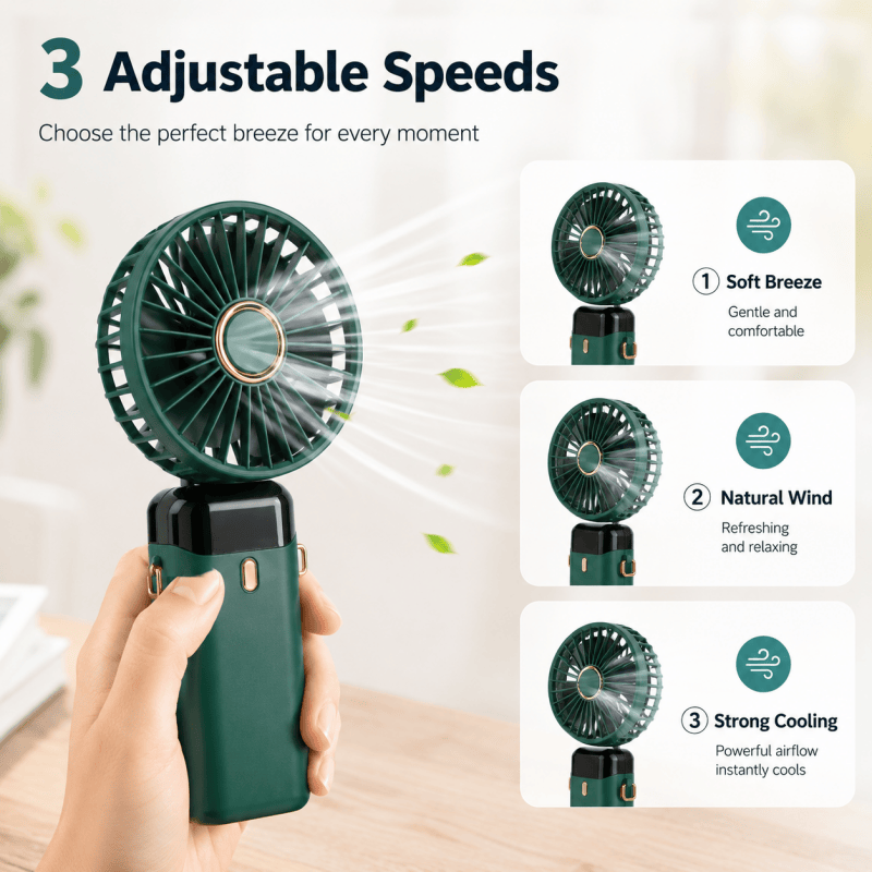 Blue Mini Handheld Fan – Portable USB Rechargeable Cooling Fan with Foldable Desk Stand for Home, Office & Travel
