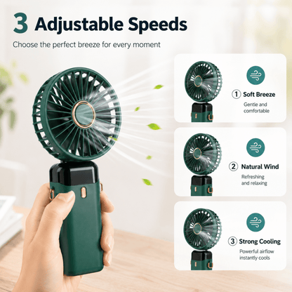 Blue Mini Handheld Fan – Portable USB Rechargeable Cooling Fan with Foldable Desk Stand for Home, Office & Travel