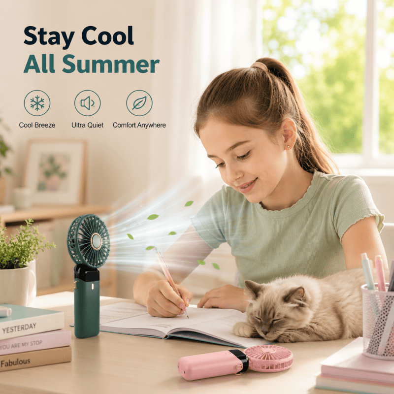 Blue Mini Handheld Fan – Portable USB Rechargeable Cooling Fan with Foldable Desk Stand for Home, Office & Travel