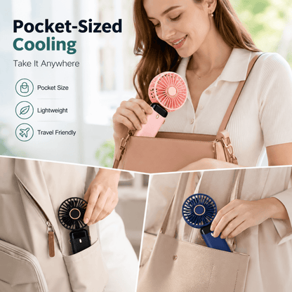 Blue Mini Handheld Fan – Portable USB Rechargeable Cooling Fan with Foldable Desk Stand for Home, Office & Travel