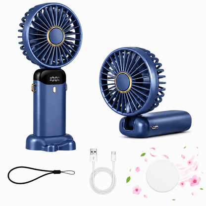 Blue Mini Handheld Fan – Portable USB Rechargeable Cooling Fan with Foldable Desk Stand for Home, Office & Travel