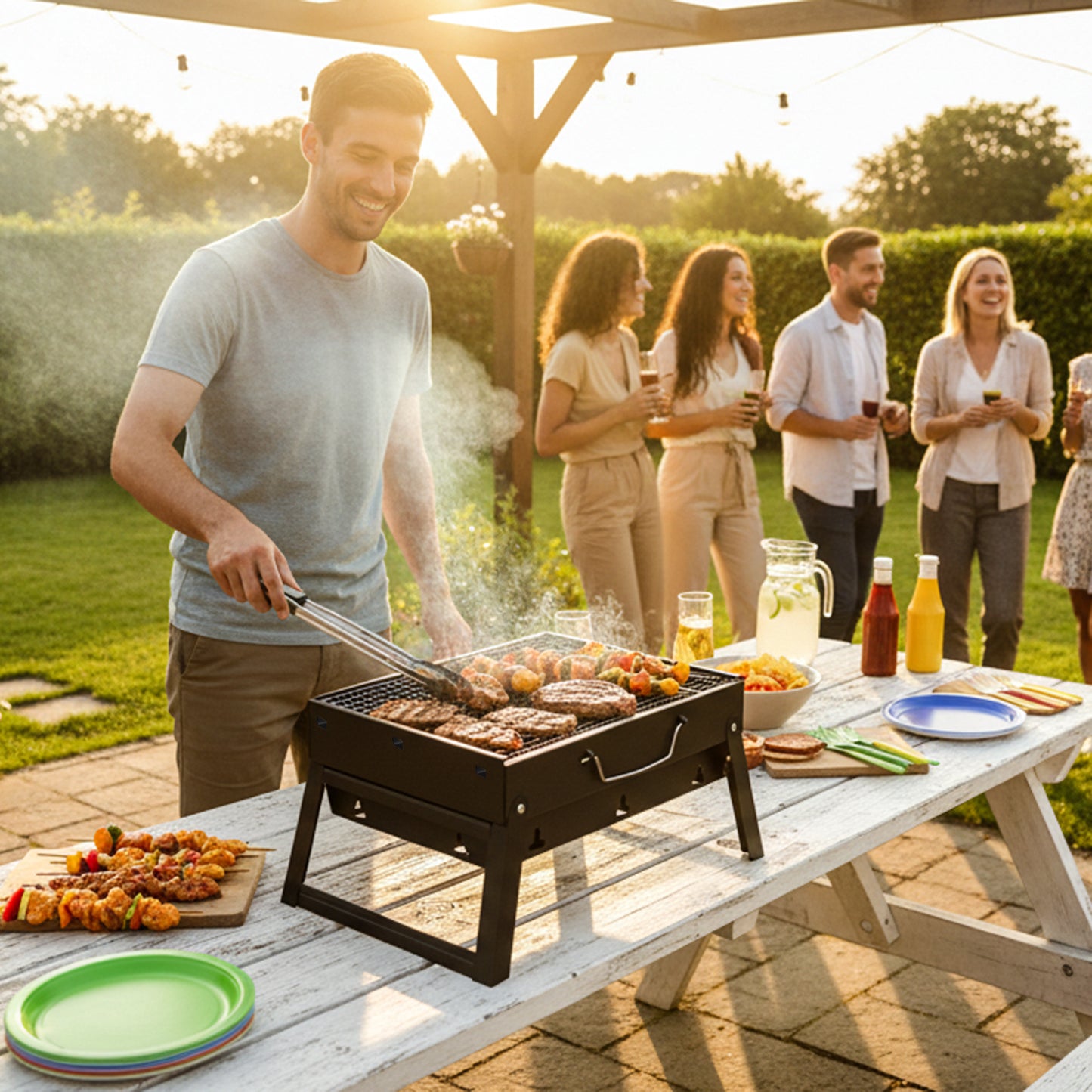 Portable BBQ Grill with Folding Feet – Compact Charcoal Barbecue for Camping, Picnics, Beach Parties & Backyard Cooking