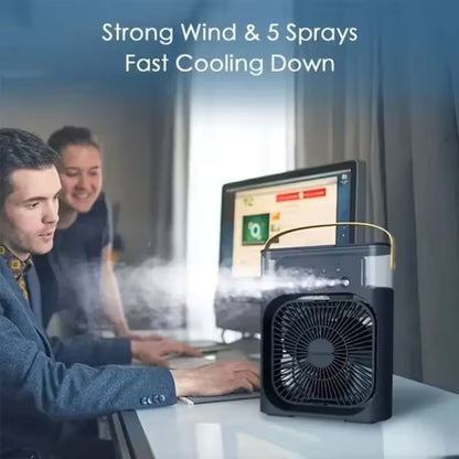 Portable Air Cooling Fan 3-in-1 with Spray & 7 Color LED Light – USB Mini Desk Air Cooler with 3 Speeds, Timer & 600ml Water Tank