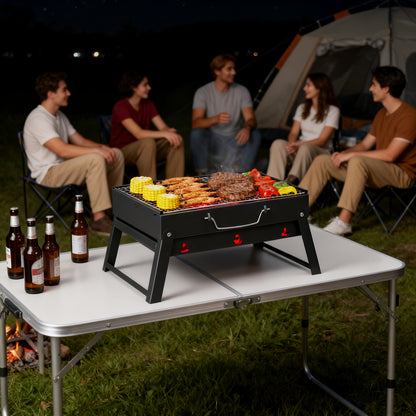 Portable BBQ Grill with Folding Feet – Compact Charcoal Barbecue for Camping, Picnics, Beach Parties & Backyard Cooking