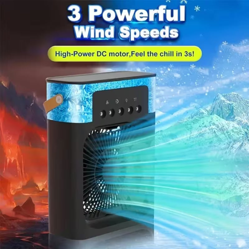 Portable Air Cooling Fan 3-in-1 with Spray & 7 Color LED Light – USB Mini Desk Air Cooler with 3 Speeds, Timer & 600ml Water Tank