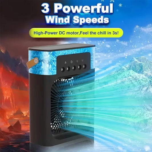 Portable Air Cooling Fan 3-in-1 with Spray & 7 Color LED Light – USB Mini Desk Air Cooler with 3 Speeds, Timer & 600ml Water Tank