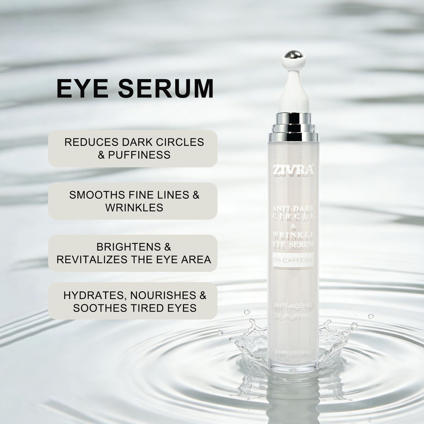 ZIVRA Anti Dark Circle Eye Serum with 5% Caffeine – De-Puffing & Anti-Ageing Under Eye Serum with 360° Roller Applicator 20ml