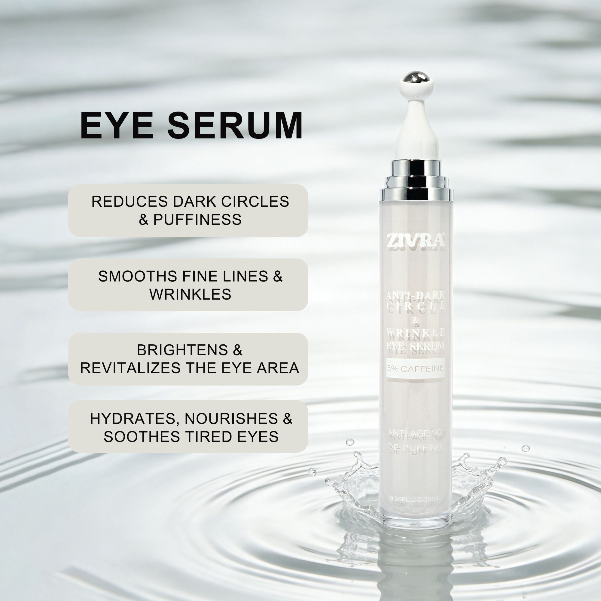 ZIVRA Anti Dark Circle Eye Serum with 5% Caffeine – De-Puffing & Anti-Ageing Under Eye Serum with 360° Roller Applicator 20ml
