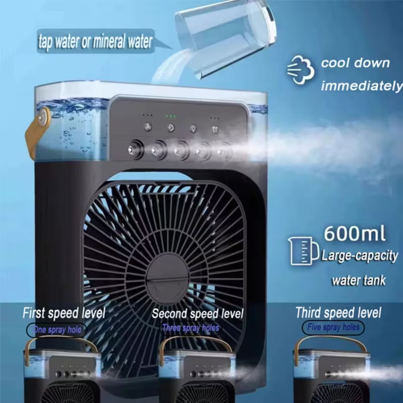 Portable Air Cooling Fan 3-in-1 with Spray & 7 Color LED Light – USB Mini Desk Air Cooler with 3 Speeds, Timer & 600ml Water Tank