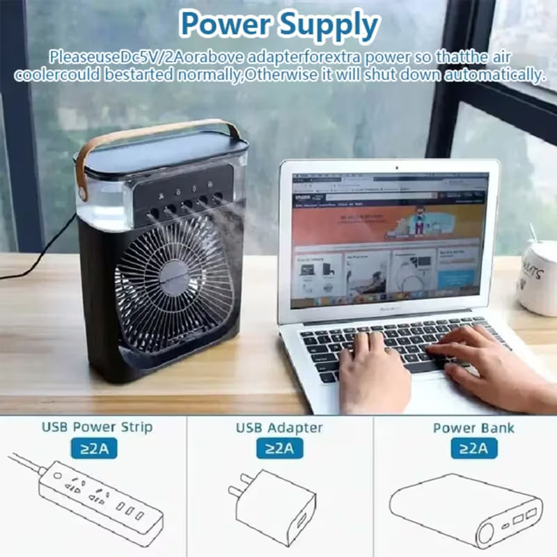 Portable Air Cooling Fan 3-in-1 with Spray & 7 Color LED Light – USB Mini Desk Air Cooler with 3 Speeds, Timer & 600ml Water Tank