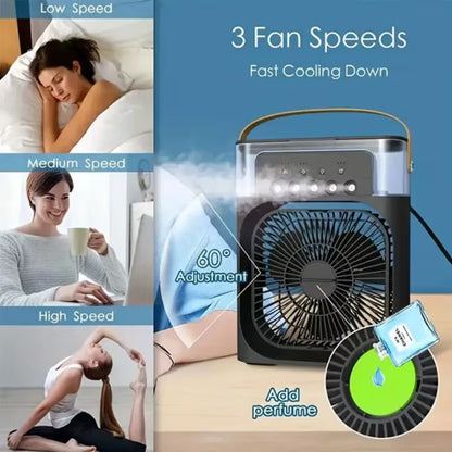 Portable Air Cooling Fan 3-in-1 with Spray & 7 Color LED Light – USB Mini Desk Air Cooler with 3 Speeds, Timer & 600ml Water Tank