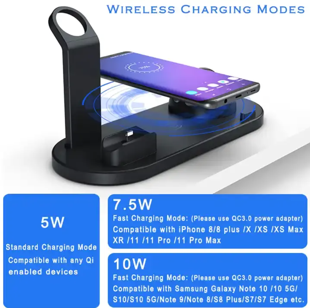 30W 6-in-1 Fast Wireless Charging Station – Universal Charging Dock for Phones, Smartwatches & Accessories