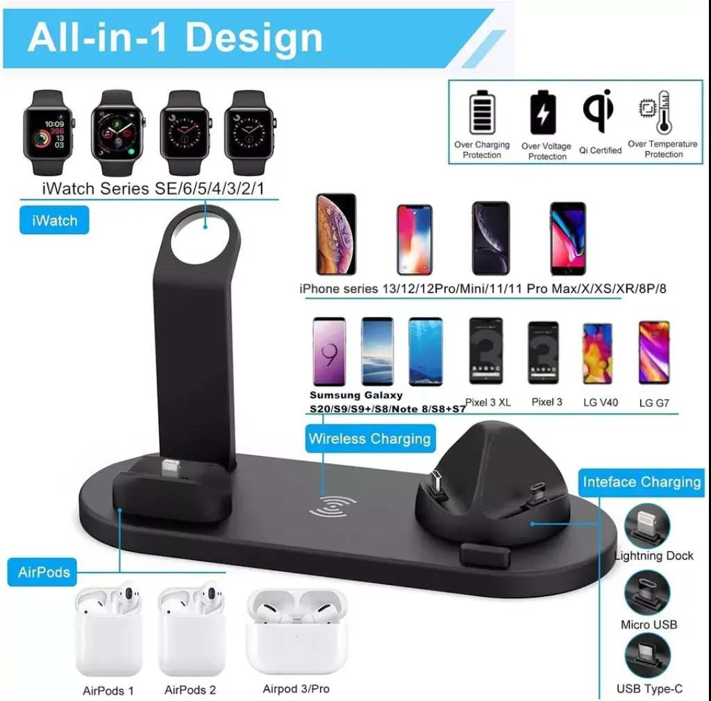 30W 6-in-1 Fast Wireless Charging Station – Universal Charging Dock for Phones, Smartwatches & Accessories
