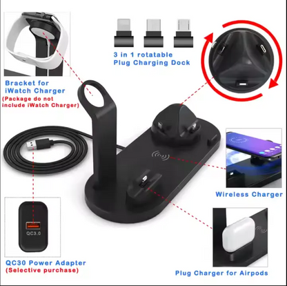 30W 6-in-1 Fast Wireless Charging Station – Universal Charging Dock for Phones, Smartwatches & Accessories