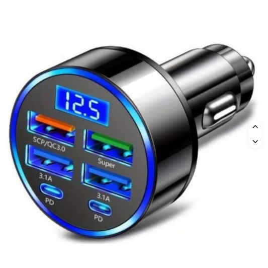 100W 6-in-1 Multi-Port Car Charger – Super Fast USB Charging Adapter with Digital Display for Phones & Devices