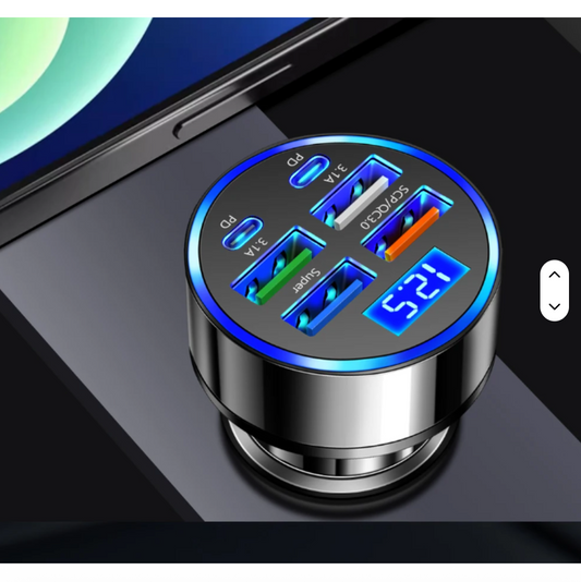100W 6-in-1 Multi-Port Car Charger – Super Fast USB Charging Adapter with Digital Display for Phones & Devices
