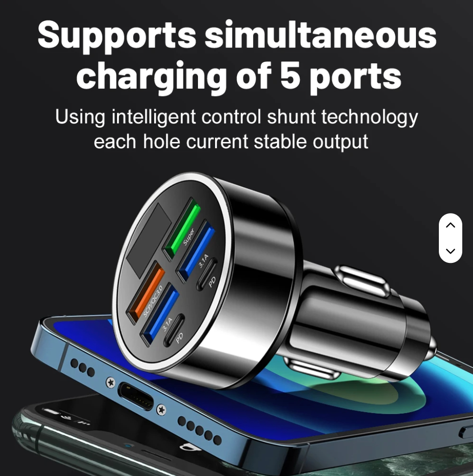 100W 6-in-1 Multi-Port Car Charger – Super Fast USB Charging Adapter with Digital Display for Phones & Devices