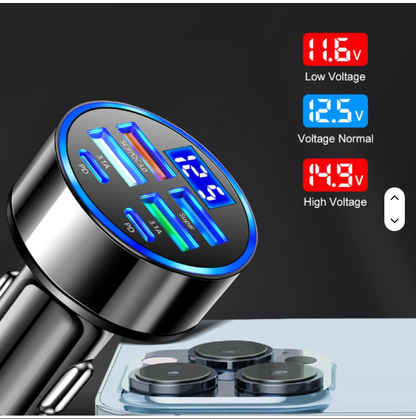 100W 6-in-1 Multi-Port Car Charger – Super Fast USB Charging Adapter with Digital Display for Phones & Devices