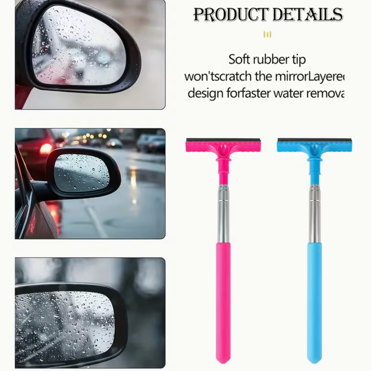 Portable Rearview Mirror Water Scraper – Extendable Sponge Window Cleaning Brush for Cars