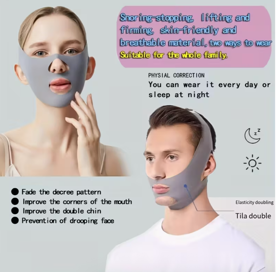 V-Shaped Face Lift Bandage – Adjustable Face Tightening & Jaw Support Strap for Skin Firming & Night Use (Grey)