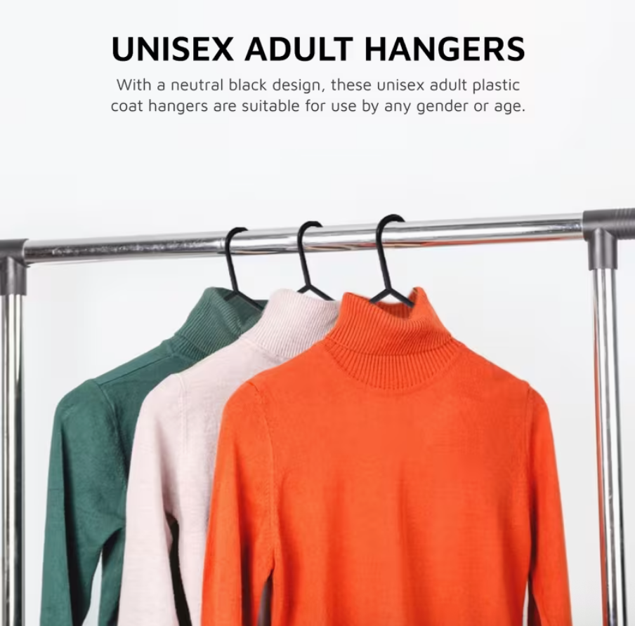 10-Pack Black Plastic Coat Hangers with Trouser Bar – 37cm Anti-Slip Clothes Hangers for Wardrobe & Closet Organization