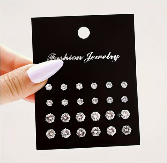 12 Pairs Women’s Rhinestone Fashion Earrings – Elegant Zinc Alloy Stud Earring Set for Everyday & Party Wear