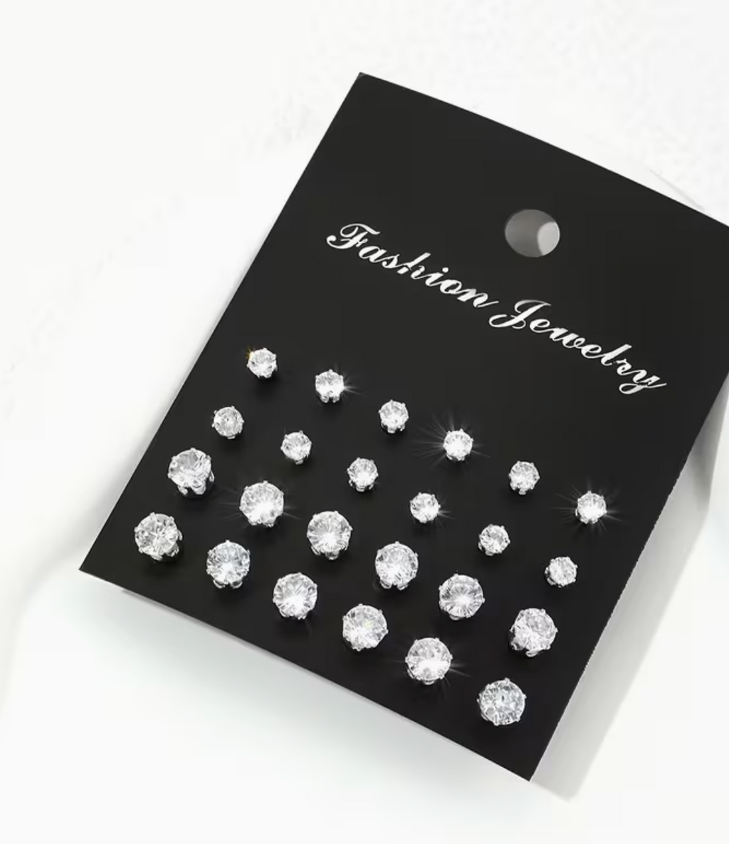 12 Pairs Women’s Rhinestone Fashion Earrings – Elegant Zinc Alloy Stud Earring Set for Everyday & Party Wear