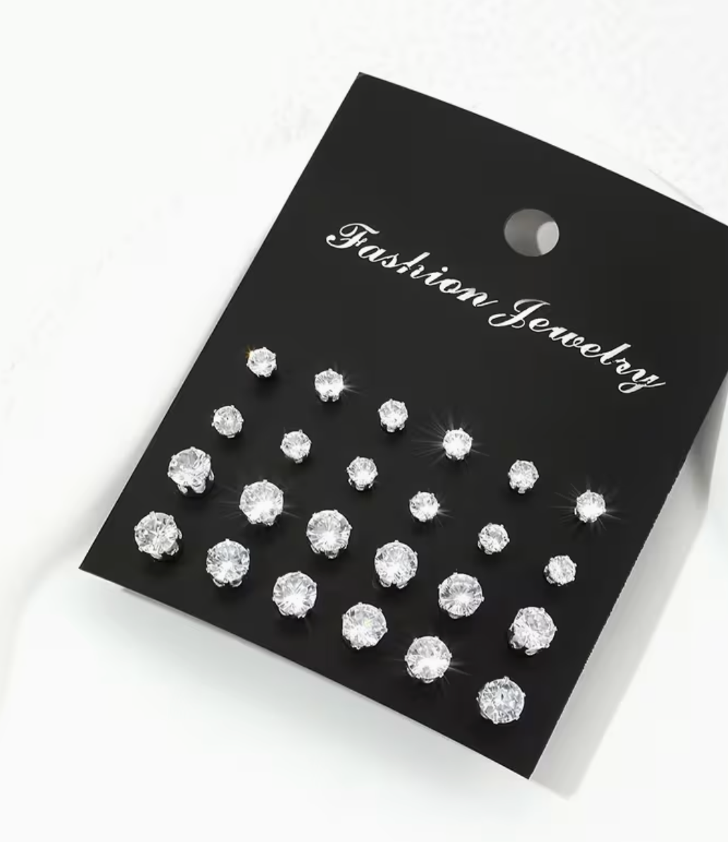 12 Pairs Women’s Rhinestone Fashion Earrings – Elegant Zinc Alloy Stud Earring Set for Everyday & Party Wear