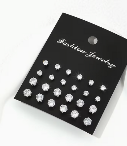 12 Pairs Women’s Rhinestone Fashion Earrings – Elegant Zinc Alloy Stud Earring Set for Everyday & Party Wear