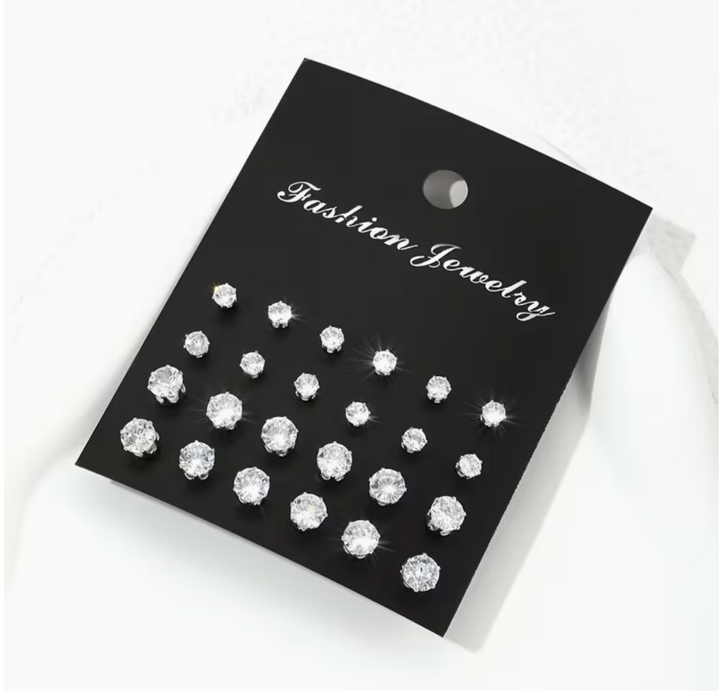 12 Pairs Women’s Rhinestone Fashion Earrings – Elegant Zinc Alloy Stud Earring Set for Everyday & Party Wear