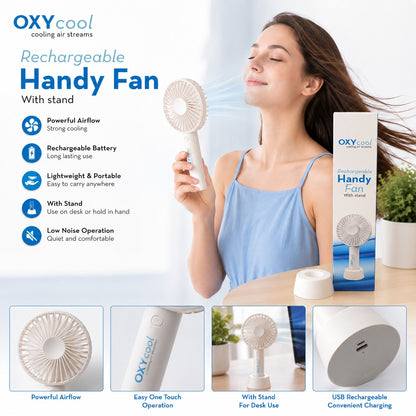 OXYcool Rechargeable Handy Fan with Stand – Portable, Lightweight, Low Noise & Powerful Airflow