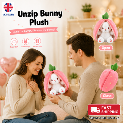 2-in-1 Unzip Bunny Plush Strawberry – Soft Stuffed Bunny Hidden Inside Strawberry Plush Toy for Kids & Gifts