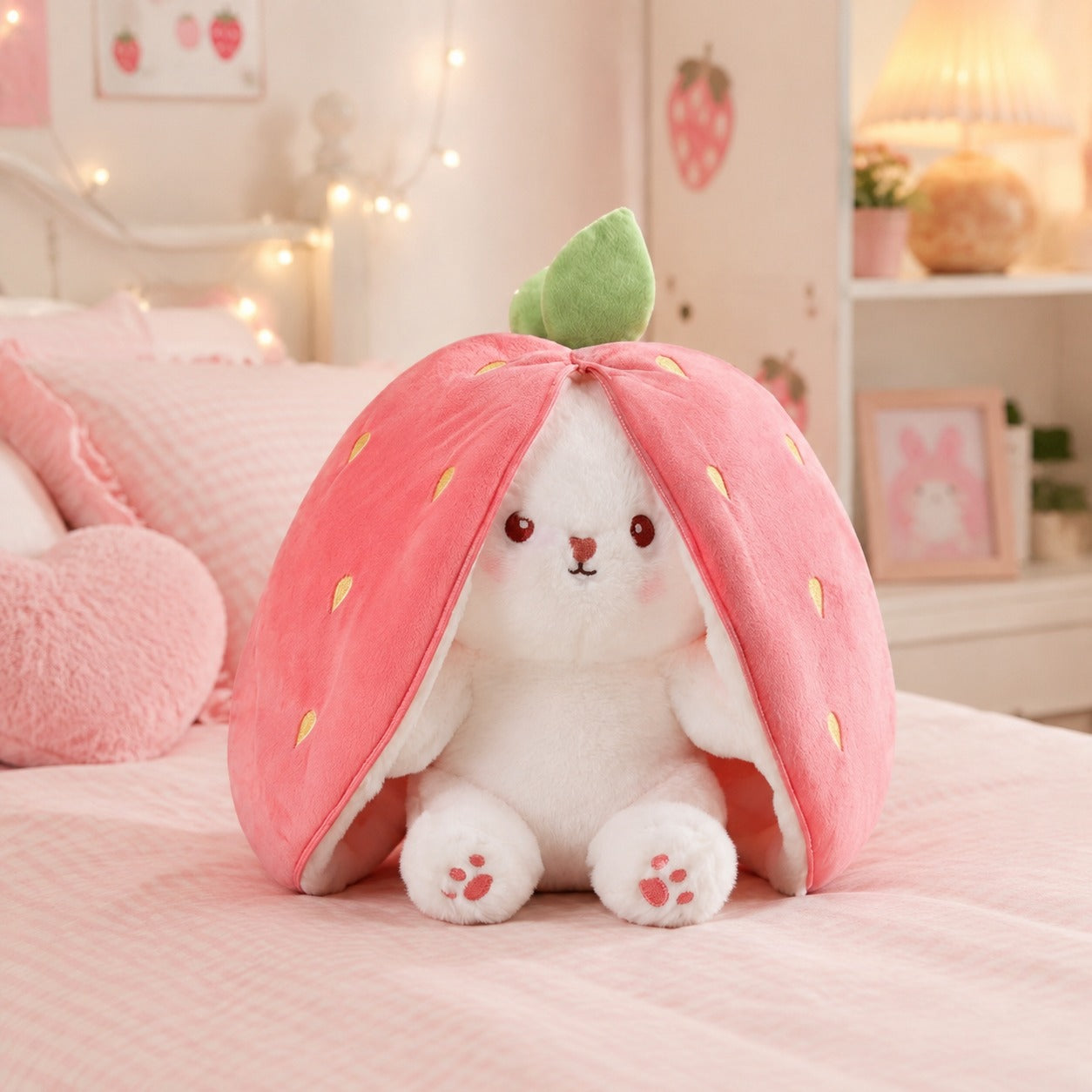 2-in-1 Unzip Bunny Plush Strawberry – Soft Stuffed Bunny Hidden Inside Strawberry Plush Toy for Kids & Gifts