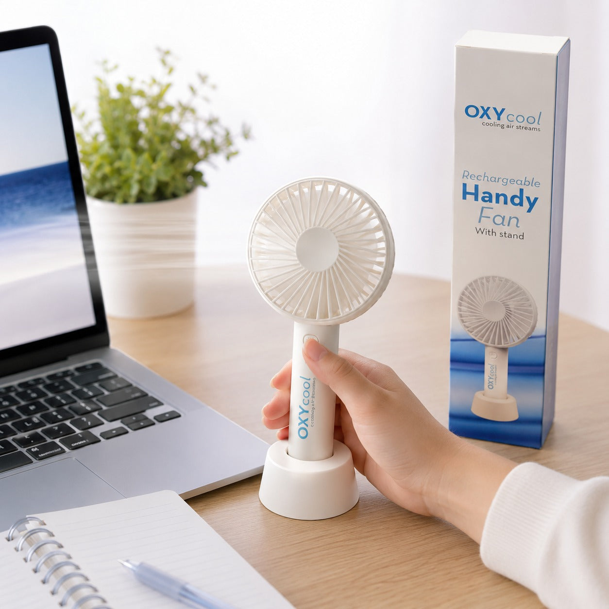 OXYcool Rechargeable Handy Fan with Stand – Portable, Lightweight, Low Noise & Powerful Airflow