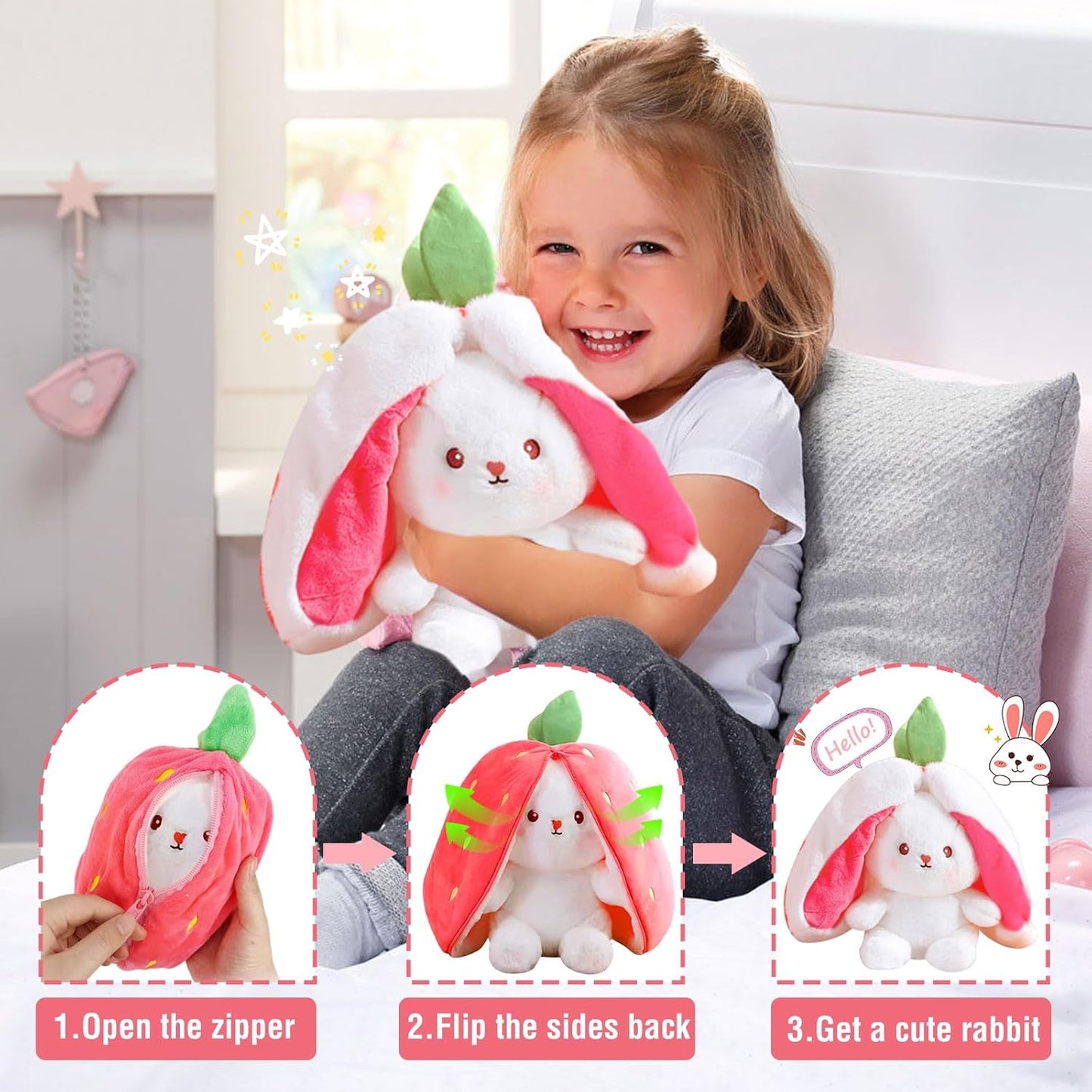 2-in-1 Unzip Bunny Plush Strawberry – Soft Stuffed Bunny Hidden Inside Strawberry Plush Toy for Kids & Gifts