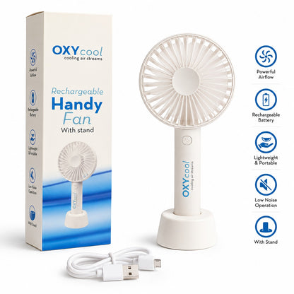 OXYcool Rechargeable Handy Fan with Stand – Portable, Lightweight, Low Noise & Powerful Airflow