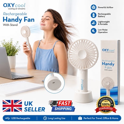 OXYcool Rechargeable Handy Fan with Stand – Portable, Lightweight, Low Noise & Powerful Airflow