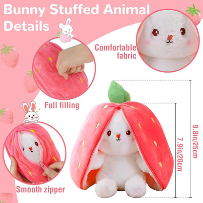 2-in-1 Unzip Bunny Plush Strawberry – Soft Stuffed Bunny Hidden Inside Strawberry Plush Toy for Kids & Gifts